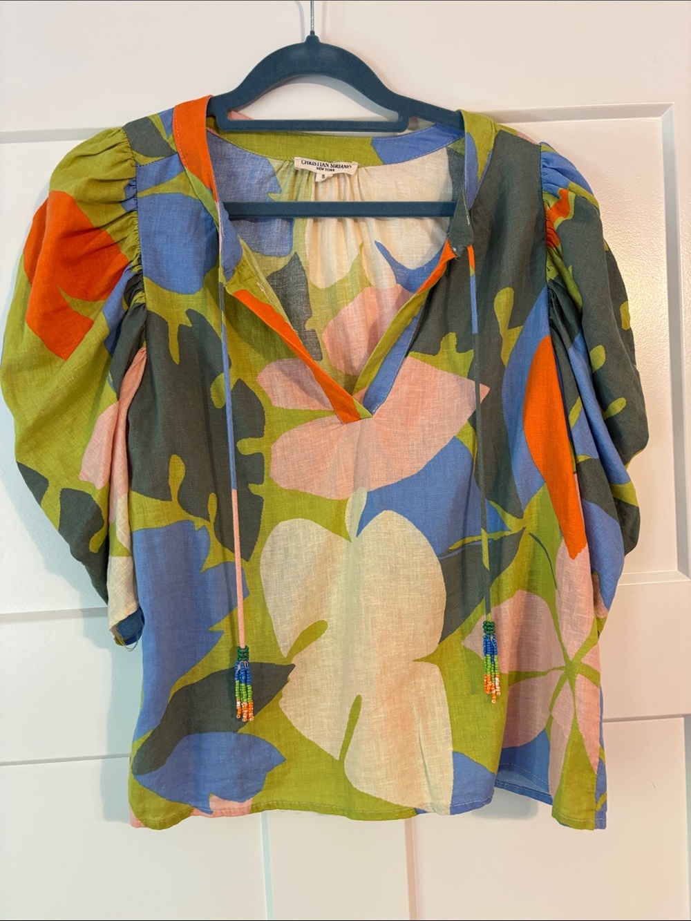 Christian Siriano Tropical Linen V-Neck Puff Sleeve Top with Tasseled Ties